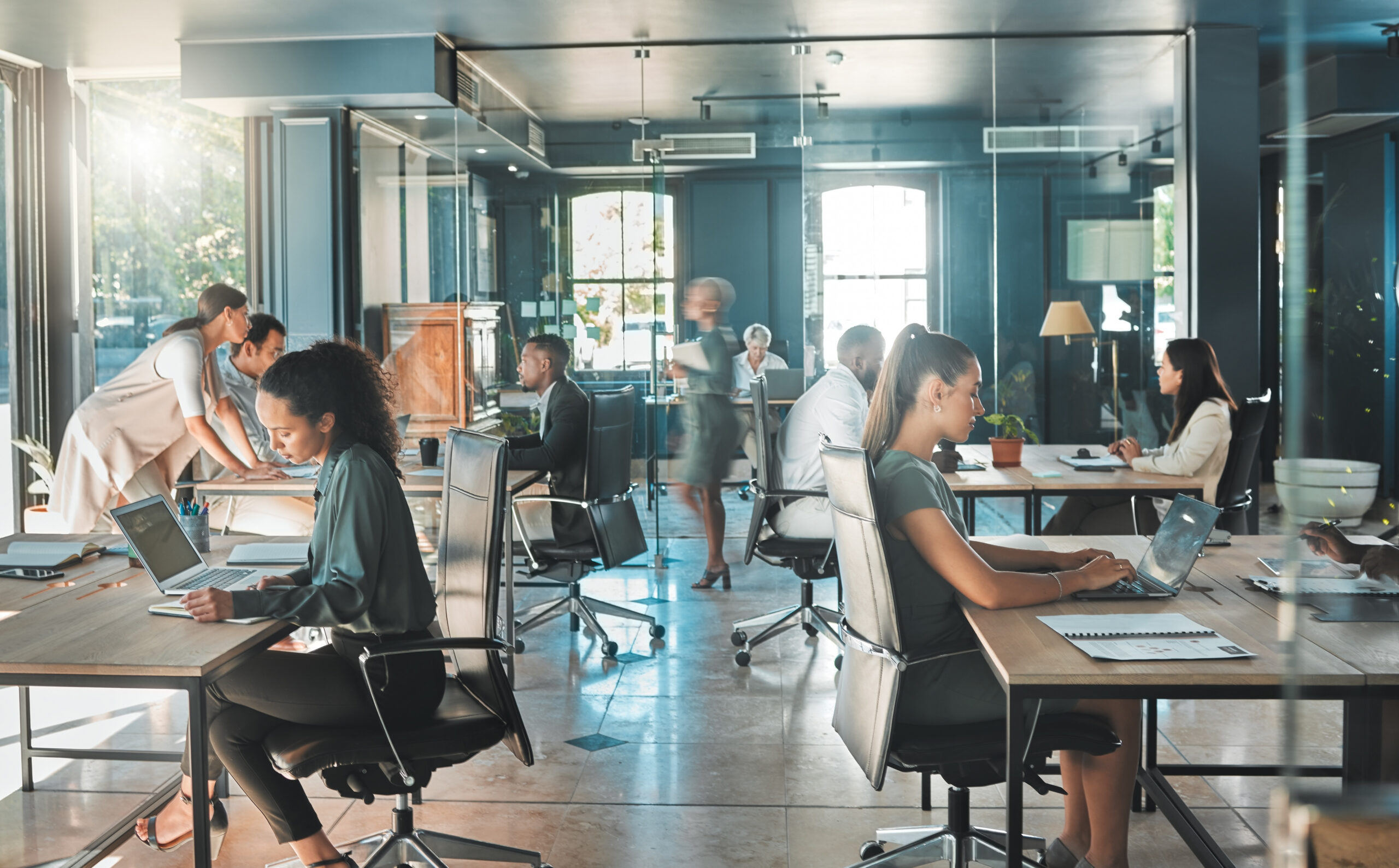corporate business people working busy marketing office space planning strategy books reading email laptop work businessman businesswoman workers startup advertising company scaled