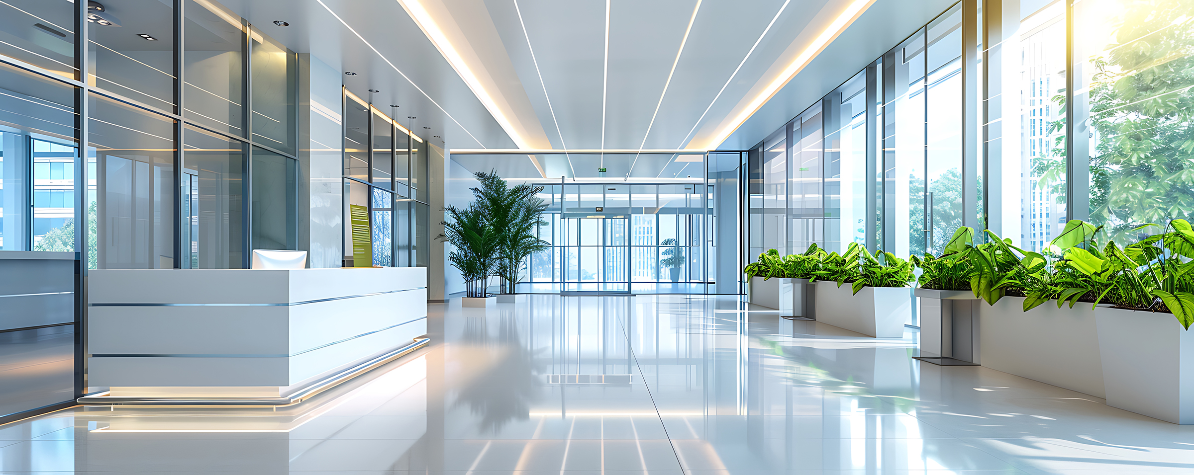 large office building with large window that says company